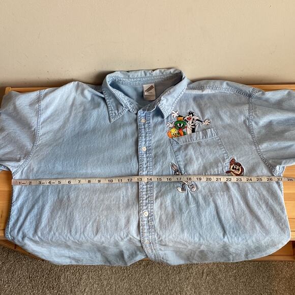 Vintage 90s Looney Tunes denim button up embroidered shirt XXL - Picture 10 of 14